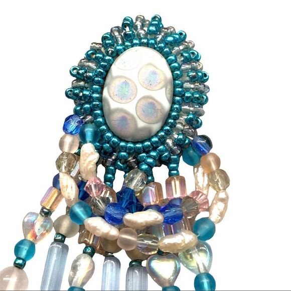 Blue pink ab iridescent festoon chandelier hand beaded large pierced earrings - Picture 5 of 12